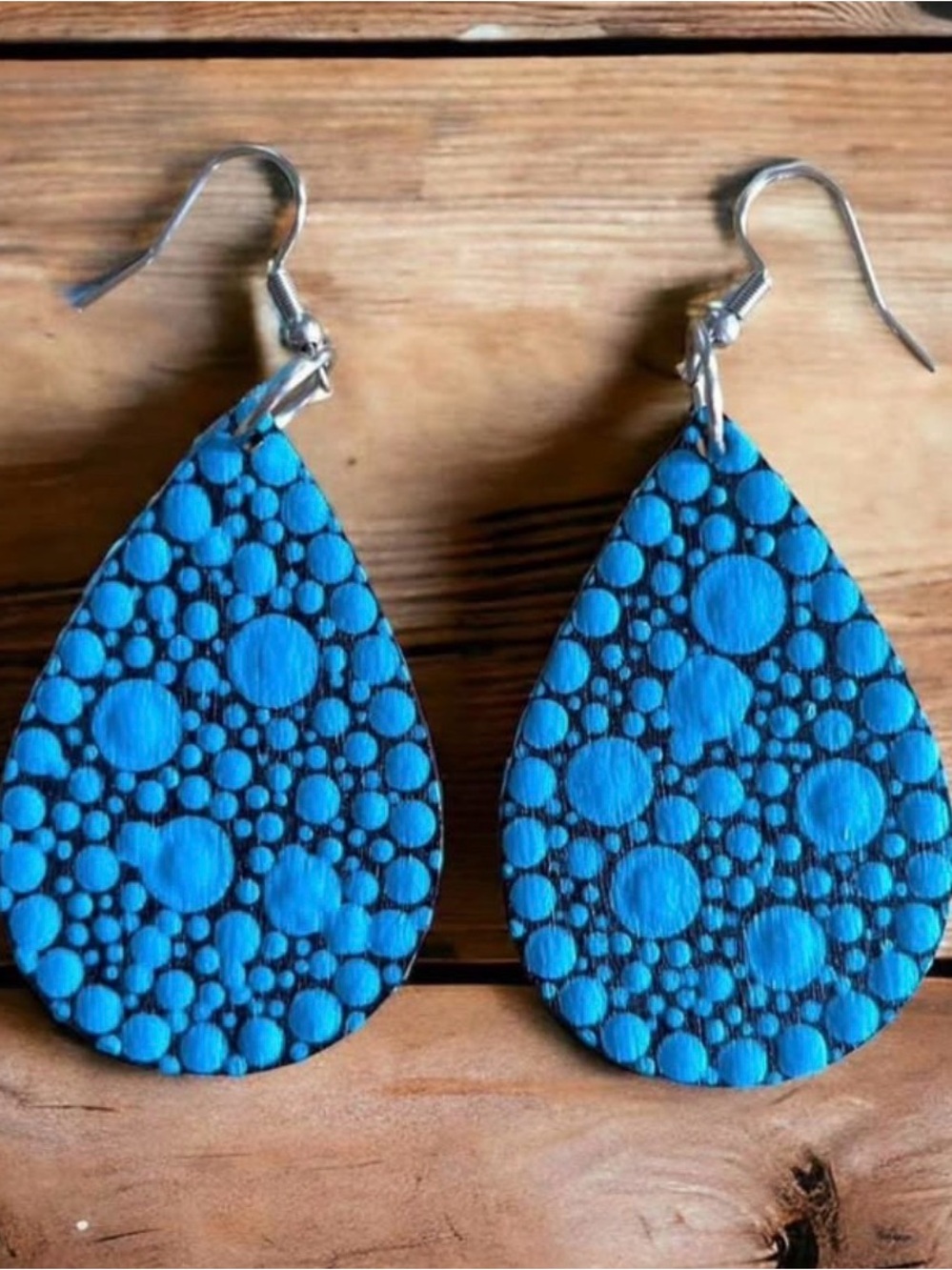 Handmade! Dot-painted 2” teardrop turquoise black earrings